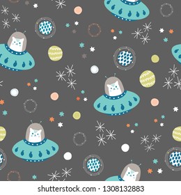 Vector space cats and solar system seamless repeat pattern background.
