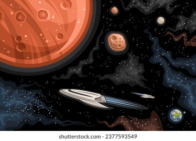 Vector Space Chart, astronomical horizontal poster with illustration of orbiting Phobos and Deimos about red Mars, sci fi research vehicle in deep space, cosmo print on black starry space background