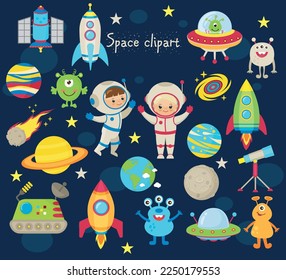 Vector space clipart, images of aliens, spaceships, astronauts, planets.