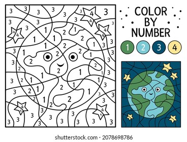 Vector Space Color By Number Activity With Earth Planet. Astronomy Coloring And Counting Game With Cute Stars. Funny Cosmos Coloration Page For Kids. 
