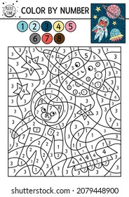 Vector space color by number activity with astronaut, planet, UFO. Astronomy coloring and counting game with cute cosmonaut, stars. Funny cosmos coloration page for kids. 
