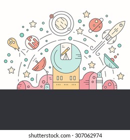 Vector space concept with planets on the orbit, meteors, rocket, stars with moon space surface on the background. Space exploration concept.