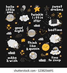 Vector Space and Cosmos Characters and lettering. Good Night, sweet dreams illustration. Planets, clouds, moon, sun, sheeps. Children design 