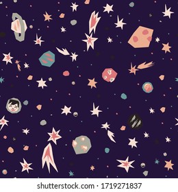 Vector space, cosmos flat hand drawn seamless pattern on violet. Galaxy cartoon illustration. Stars, rockets, planets, comets paper style background. Childish wallpaper, textile, texture design