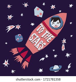 Vector space, cosmos flat hand drawn seamless pattern. Galaxy cartoon illustration. Stars, rockets, planets, comets paper style background. Childish wallpaper, textile, texture design