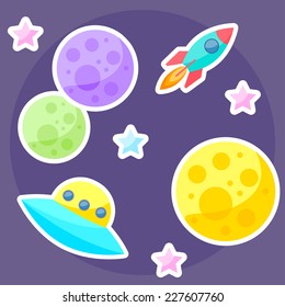 vector space cover with colorful planets, pink and blue stars, ufo and spaceship on purple open space background