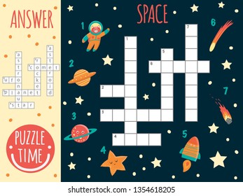 Vector space crossword. Bright and colorful quiz for children. Puzzle activity with ufo, planet, star, astronaut, comet, rocket, asteroid