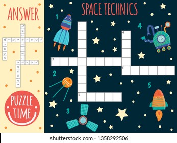 Vector space crossword. Bright and colorful quiz for children. Puzzle activity with space technics, satellite,spaceship,probe,rover,rocket