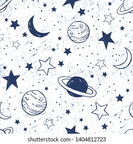 Vector space dark blue seamless pattern with comets, planets, constellations and stars. Night sky hand drawn astronomical doodles on white background