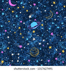 Vector space dark blue textured seamless pattern with colorful planets, comets, constellations and stars. Night sky hand drawn doodle astronomical background