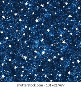 Vector space dark blue textured seamless pattern with constellations and stars. Night sky hand drawn doodle astronomical background