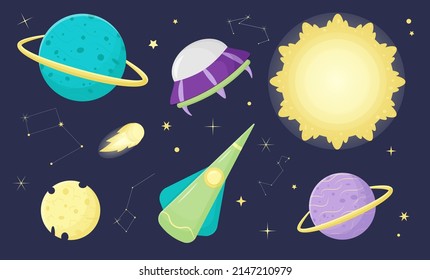 Vector space design kit. Vector space collection for design. Space exploration. Planets, spacecraft, constellation, stars. A galactic adventure. Sun, Jupiter, moon. Simple cartoon style