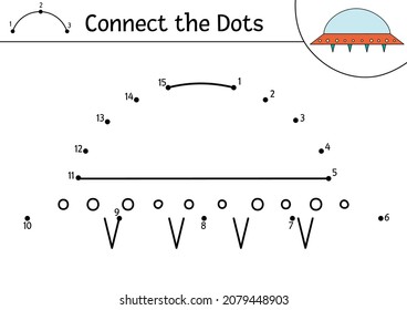 Vector space dot-to-dot and color activity with cute spaceship. Astronomy connect the dots game for children. Funny math coloring page for kids with kawaii UFO
