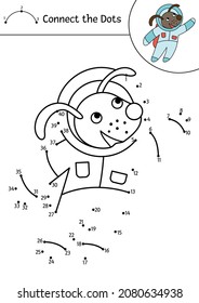 Vector space dot-to-dot and color activity with cute astronaut dog. Astronomy connect the dots game for children. Funny math coloring page for kids with cosmonaut