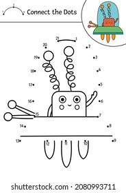 Vector space dot-to-dot and color activity with cute alien in spaceship. Astronomy connect the dots game for children. Funny math coloring page for kids with kawaii UFO
