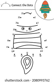Vector space dot-to-dot and color activity with cute rocket. Astronomy connect the dots game for children. Funny math coloring page for kids with kawaii spaceship
