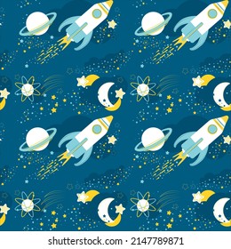 Vector space elements seamless pattern. Cosmic background. Vector illustration with cartoon space rockets, planets, stars.