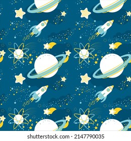 Vector space elements seamless pattern. Cosmic background. Vector illustration with cartoon space rockets, planets, stars.