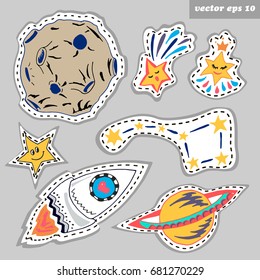 Vector space elements sticker set on light grey background. Educational game for kids, textile and fabric print, sticker,children book.