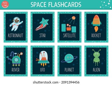 Vector Space flash cards set. English language game with cute astronaut, star, rocker, planet, alien kids. Astronomy flashcards with funny characters. Simple educational printable worksheet.
