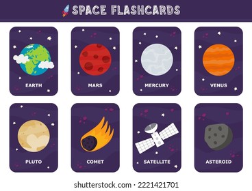 Vector Space flash cards set. English language game with cute astronaut, rocket, planet, comet, alien for kids. Astronomy flashcards with funny characters. Simple educational printable worksheet.