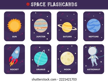 Vector Space flash cards set. English language game with cute astronaut, rocket, planet, comet, alien for kids. Astronomy flashcards with funny characters. Simple educational printable worksheet