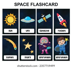 Vector Space flashcards set. English language game for kids with cute astronaut, rocket, comet, stars, ufo, sun, satellite. Astronomy flashcards with funny characters. Printable file