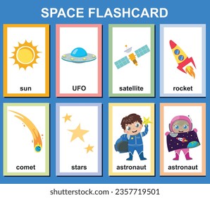 Vector Space flashcards set. English language game for kids with cute astronaut, rocket, comet, stars, ufo, sun, satellite. Astronomy flashcards with funny characters. Printable file