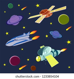 Vector space flat with spaceship, planet Saturn and stars. 
Surface of the planet with craters.
