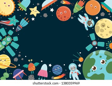 Vector space frame template. Horizontal banner with galaxy, stars, planets, rocket for children. Cute flat illustration
