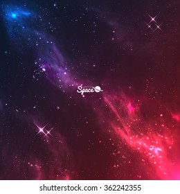 Vector space galaxy background. Colourful violet-red nebulae with bright stars.