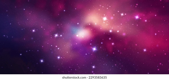 Vector space galaxy realistic illustration. Purple nebula background with stars