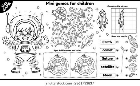 Juegos de vectores para niños. Los niños delinean con una chica de dibujos animados astronauta, cohete, planetas. Juega y colorea. Actividad con minijuegos. Conectar los puntos, buscar diferencias y otros