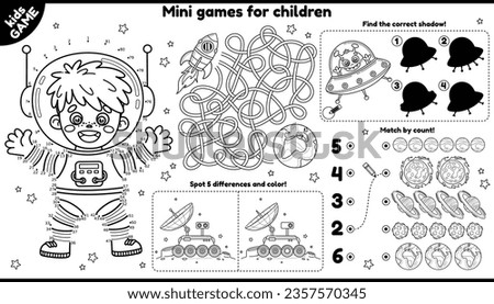Vector space games placement for children. Kids outline set with cartoon astronaut, rocket, planets. Play and coloring. Activity mat with maze, connect the dots and color, find differences and other.