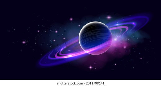 Vector space horizontal illustration of blue and purple planet with ring, nebula and star light on dark color sky background