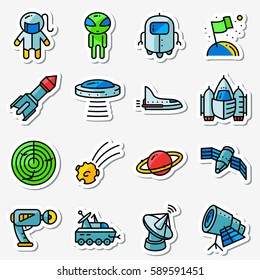 Vector space icons set. Thin simple Stickers with technology and expedition, UFO and alien, robot, astronaut, shuttle, rocket, radar, comet, planet, telescope, blaster, satellite in minimalistic style