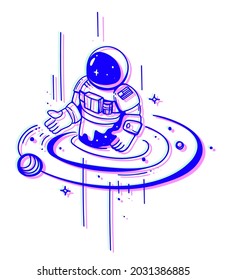 Vector Space Illustration of Blue Ink Color Astronaut in Outer Space with Star and Line on White Background