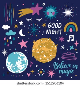 Vector space illustration with cosmic elements: planet, moon, stars, sparkles. Bright kids poster with fantasy doodles. Childish background.