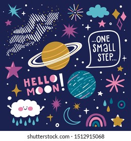 Vector space illustration with cosmic elements: planets, stars, sparkles and lettering. Bright kids poster with fantasy doodles and hand written text "One small step","Good night". Childish background