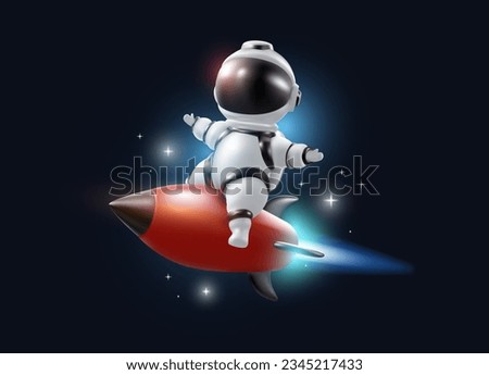 Vector space illustration of cosmonaut in spacesuit exploring outer space flying on spaceship on dark color background with star. 3d mesh style design of astronaut character making spacewalk for web
