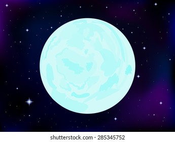 Vector space illustration with full moon on outer space and starry sky background