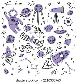 Vector space illustration. Modern doodle drawing in black and white. Hand drawn planet, astronaut, strats, comets and outer space.