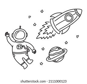 Vector space illustration. Modern doodle drawing in black and white. Hand drawn planet, astronaut and space ship.