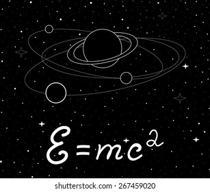 Vector space illustration with physical speed of light formula and planet with satellites 