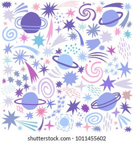 Vector space illustration. Planets, stars, universe, galaxy doodle set