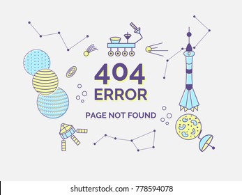 Vector space illustration in trendy line art style. 404 page not found message and banner with spaceship, planets, constellations, moon-rover, satellite