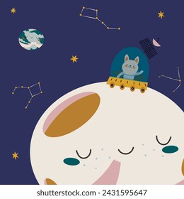 In: Vector Space Illustrations. Charakter Moon und Astronaut auf einer Expedition, Rakete im Weltraum und Kosmonautenfledermaus. Handgezeichnete Raumplakate. Vektorgrafik