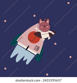 Vector Space Illustrations. Character Moon and Astronaut on an Expedition, Rocket in Space and Cosmonaut Bat. Hand Drawn  Space Posters. Vector illustration