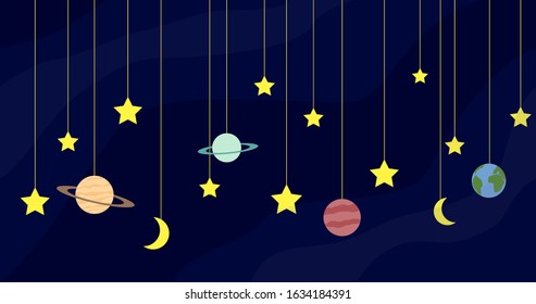 vector space image, stars, planets and the moon hang on a string, night garland