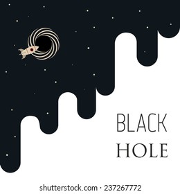 Vector space interstellar illustration. Black hole and rocket.